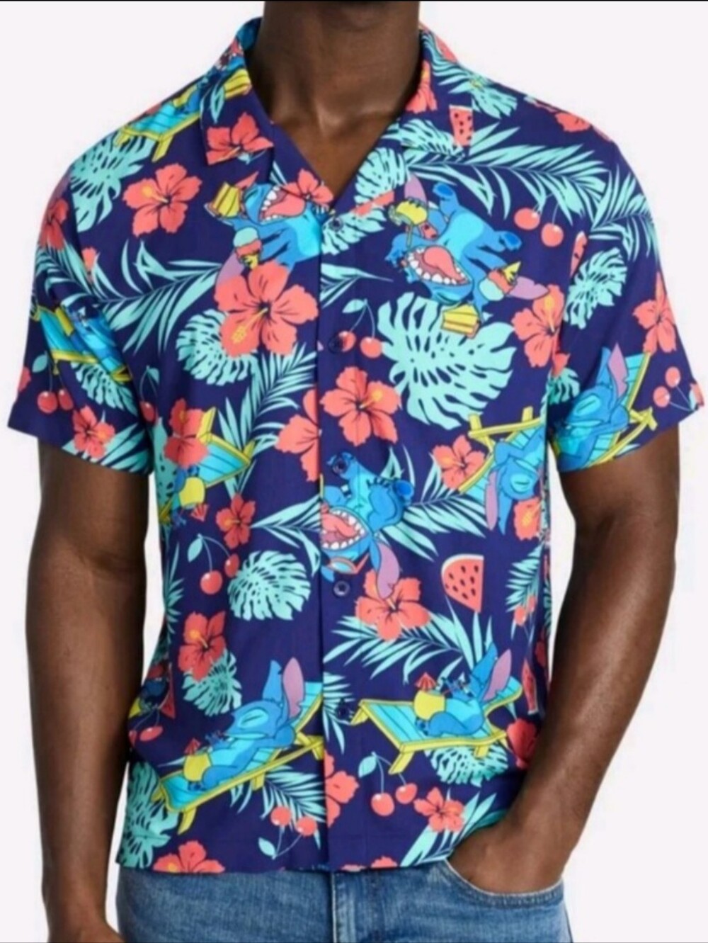 Disney Men's Size S (28-30) Graphic Button-Up Shirt NWT Party Stitch Floral